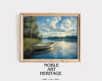 Lakeside Oil Painting Print: Vintage Boat Scene (Digital Download) 241