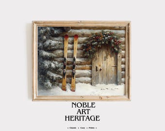 May include: Framed winter scene print featuring a snow-covered cabin with a wooden door adorned with a wreath. Two vintage skis lean against the cabin wall. The print has the text "NOBLE ART HERITAGE".