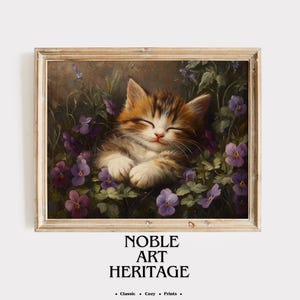 Charming Kitten in Purple Violets - Vintage Style Animal Art, Rustic Printable Wall Decor, Cottagecore Nursery Painting, Sleepy Kitten 967