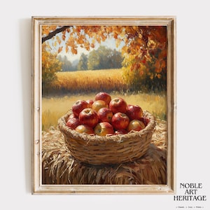 Rustic Autumn Harvest Scene - Classic Oil Painting of Apple Basket, Earthy Fall Landscape, Printable Wall Art, Cottagecore Decor 2574