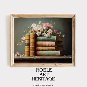 Vintage Book Stack with Flowers Printable Wall Art - Rustic Spring Still Life Painting, Cottagecore Floral Decor, Antique Library Scene 263