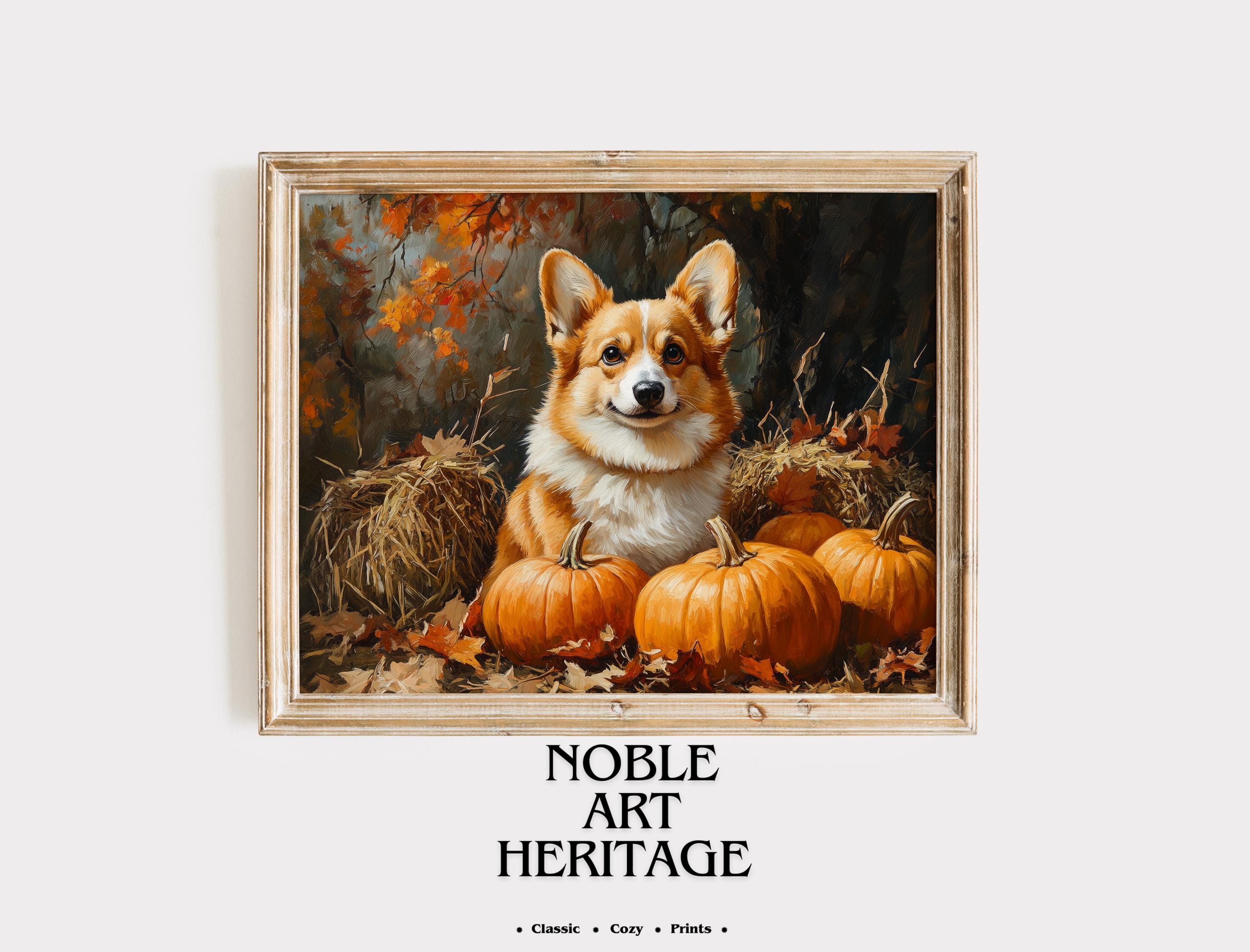 コーギーとカボチャの秋のアートプリント – ヴィンテージコテージコア