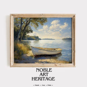 Summer Lake Rowboat Landscape Painting - Rustic Cottage Wall Art, Tranquil Nature Scene, Printable Vintage Shore Decor, Digital Download 242
