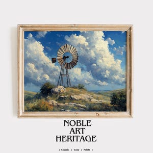 Printable Vintage Windmill Oil Painting - Classic Wall Art, Rustic Countryside Scene, Earthy Landscape, Farmhouse Decor, Digital Art 201