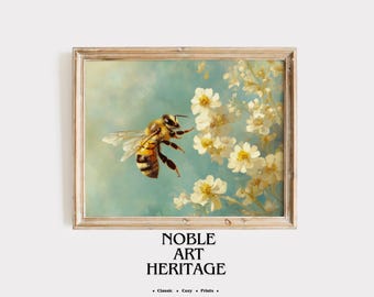 Printable Honeybee Near White and Yellow Flowers - Rustic Summer Nature Art, Earthy Cottagecore Decor, Digital Wall Art 95