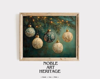Rustic Christmas Ornament Wall Art - Vintage Pine Branch Decor, Winter Holiday Scene, Cozy Christmas Atmosphere, Printable Art 2883