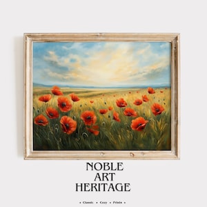 Rustic Poppy Field Wall Art - Printable Oil Painting, Vibrant Red Poppies, Summer Meadow Landscape Decor, Country Cottagecore Print 697