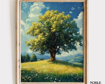 Majestic Oak Tree in Meadow - Printable Summer Landscape Art, Rustic Nature Scene, Serene Wall Decor, Digital Cottagecore Print 1526