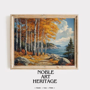 Rustic Maine Coastal Forest in Autumn - Vintage Fall Landscape, Classic Oil Painting, Printable Wall Art, Cottagecore Decor Scene 2245