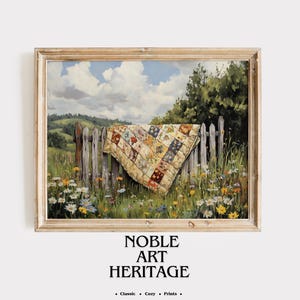 Rustikt quilttryck på staket – Cottagecore Meadow Landscape (digital nedladdning) 814