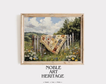 Rustic Quilt on Fence Print – Cottagecore Meadow Landscape (Digital Download) 814