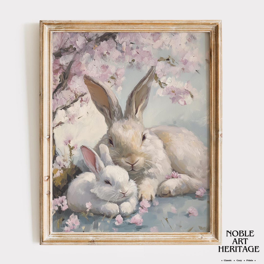 Mother Rabbit and Baby in Spring Blossom - Rustic Bunny Scene ...
