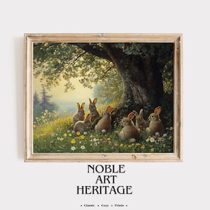 Vintage Rabbit Gathering Painting - Printable Woodland Scene, Rustic Spring Decor, Charming Bunny Art, Cottagecore Wall Art Print 1291