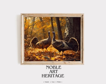 Pode incluir: Impressão artística emoldurada com dois perus num cenário florestal. A obra de arte mostra as aves em meio à folhagem de outono com tons quentes e dourados. A impressão é emoldurada em uma moldura de madeira clara. O texto "NOBLE ART HERITAGE" está na parte inferior.