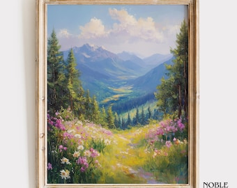 Tranquil Valley Landscape Art - Rustic Spring Mountain Scene, Cottagecore Flower Meadow, Printable Wall Art Decor, Nature Painting 1554