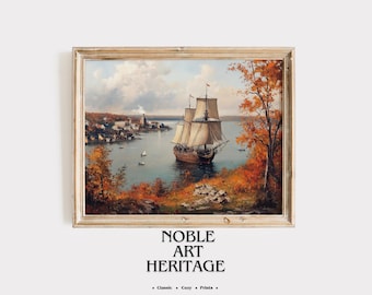 May include: A framed vintage painting depicts a tall ship sailing on a calm sea near a coastal town. The artwork features warm autumn colors, with orange and red foliage framing the scene. The text "NOBLE ART HERITAGE" is at the bottom.