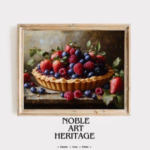 Rustic Berry Tart Printable Wall Art – Vintage Dessert Still Life, Strawberry Raspberry Blueberry Pie Painting, Country Kitchen Decor  12
