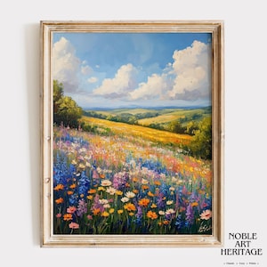 Wildblumenwiese im Sommer - Druckbare Feld Landschaft Kunst, lebendige Cottagecore Wanddekoration, rustikale Naturszene, digitale Malerei 1512