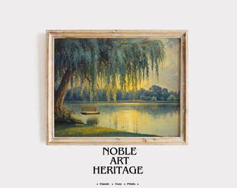 Vintage Weeping Willow Lake Print – Rustic Cottagecore Landscape (Digital Download) 1262