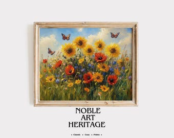 Rustic Sunflower Field Print: Vintage Cottagecore Landscape (Digital Download) 4330