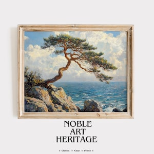 Ocean Cliff Landscape with Pine Tree - Rustic Coastal Wall Art, Vintage Seascape, Printable Oil Painting, Nature Decor, Digital Print 844