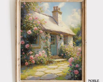 May include: A framed painting of a cottage with a thatched roof, surrounded by pink roses and greenery. The cottage has a blue door and windows. The painting is in a gold-colored frame. The painting is signed "Noble Art Heritage".