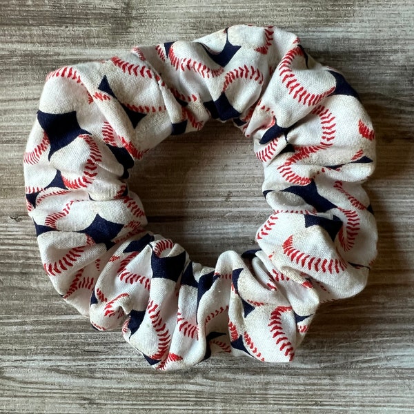 Baseballs scrunchies on navy blue cotton with red accents, team sports scrunchy, spring sports, for baseball fans , players, baseball moms