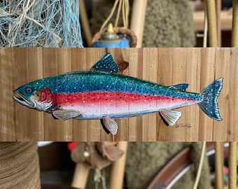 Rainbow trout painting on wood