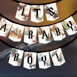 Druckbare Zauberer Babyparty Girlande, Baby Shower Wimpel, Zauberer Banner, Wimpelkette its a baby boy, magische Babyparty Deko Wimpel