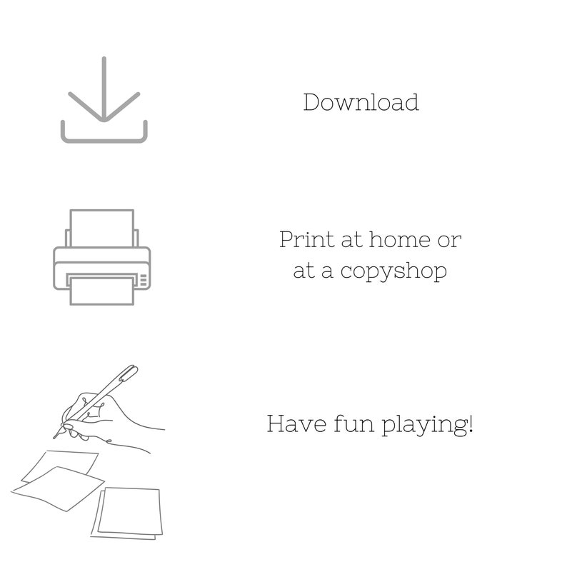 Pu&ograve; includere: Un download stampabile di un gioco. L'immagine mostra un'icona di download, un'icona di stampante e una mano che scrive su un pezzo di carta. Il testo dice "Download", "Stampa a casa o in una copyshop", e "Buon divertimento a giocare!"