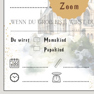 Puede incluir: Un p&oacute;ster beige claro con un fondo de castillo de acuarela y motas doradas. El texto incluye "Zoom" y frases en alem&aacute;n. Tambi&eacute;n hay dibujos lineales de un calendario, un reloj, una regla y una balanza.