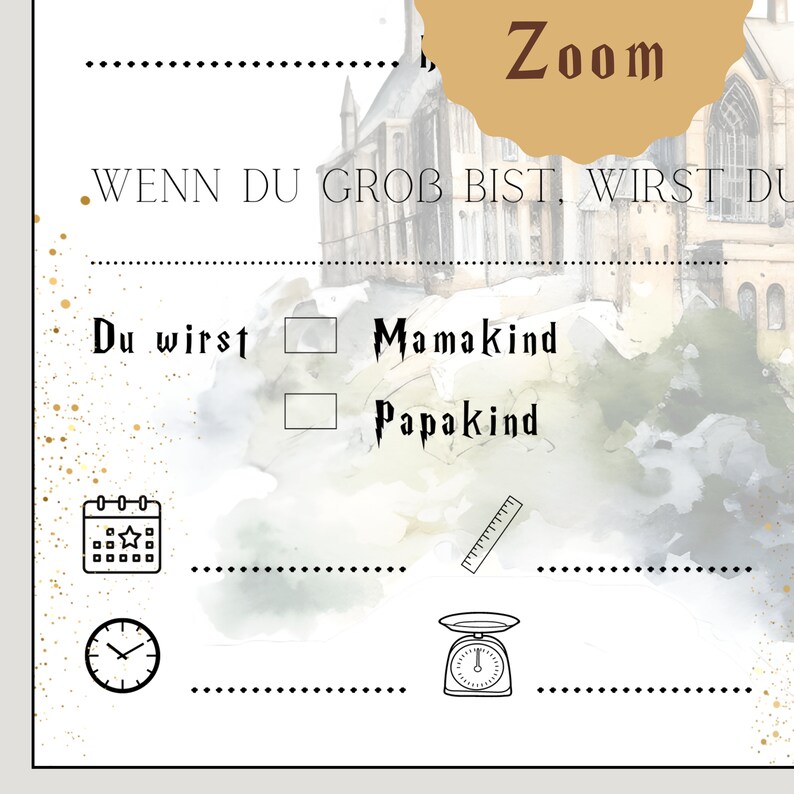 Puede incluir: Un p&oacute;ster beige claro con un fondo de castillo de acuarela y motas doradas. El texto incluye "Zoom" y frases en alem&aacute;n. Tambi&eacute;n hay dibujos lineales de un calendario, un reloj, una regla y una balanza.