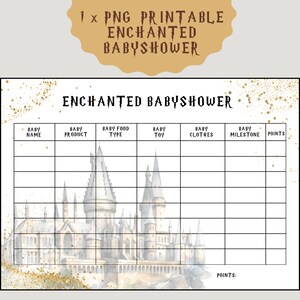 Pu&ograve; includere: Un gioco di baby shower stampabile con un'illustrazione ad acquerello di un castello. Il gioco si chiama "Enchanted Baby Shower" e ha colonne per il nome del bambino, il prodotto, il tipo di cibo, il giocattolo, i vestiti, il traguardo e i punti.