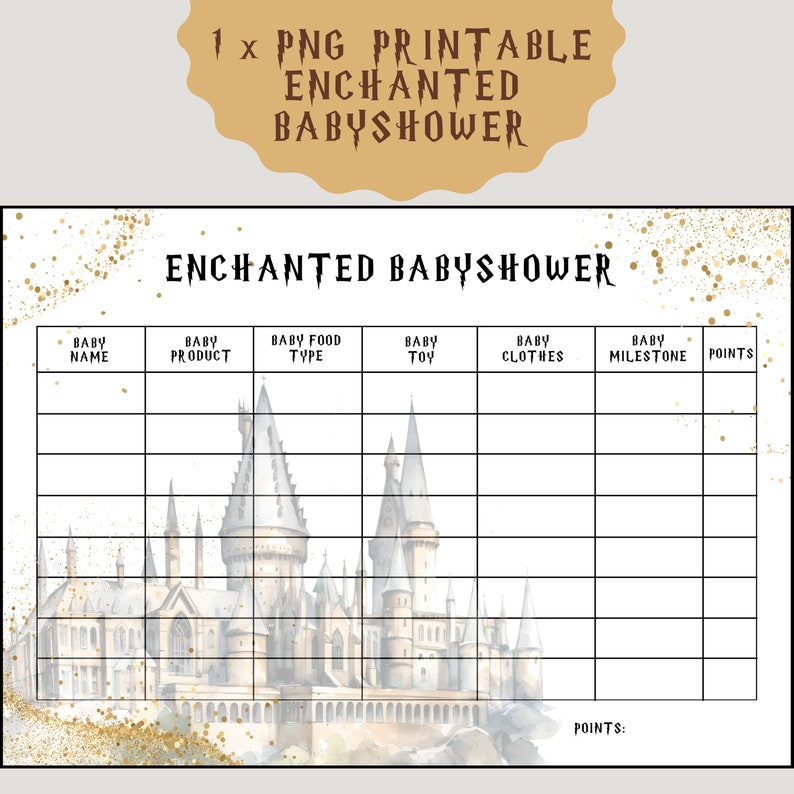 Pu&ograve; includere: Un gioco di baby shower stampabile con un'illustrazione ad acquerello di un castello. Il gioco si chiama "Enchanted Baby Shower" e ha colonne per il nome del bambino, il prodotto, il tipo di cibo, il giocattolo, i vestiti, il traguardo e i punti.