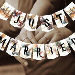 May include: A white banner with watercolour illustrations of Harry Potter themed images, including Hogwarts, a golden snitch, a train, a sorting hat, a phoenix, a mandrake, a dragon, a crystal ball, and a snowy owl. The banner reads "Just Married".