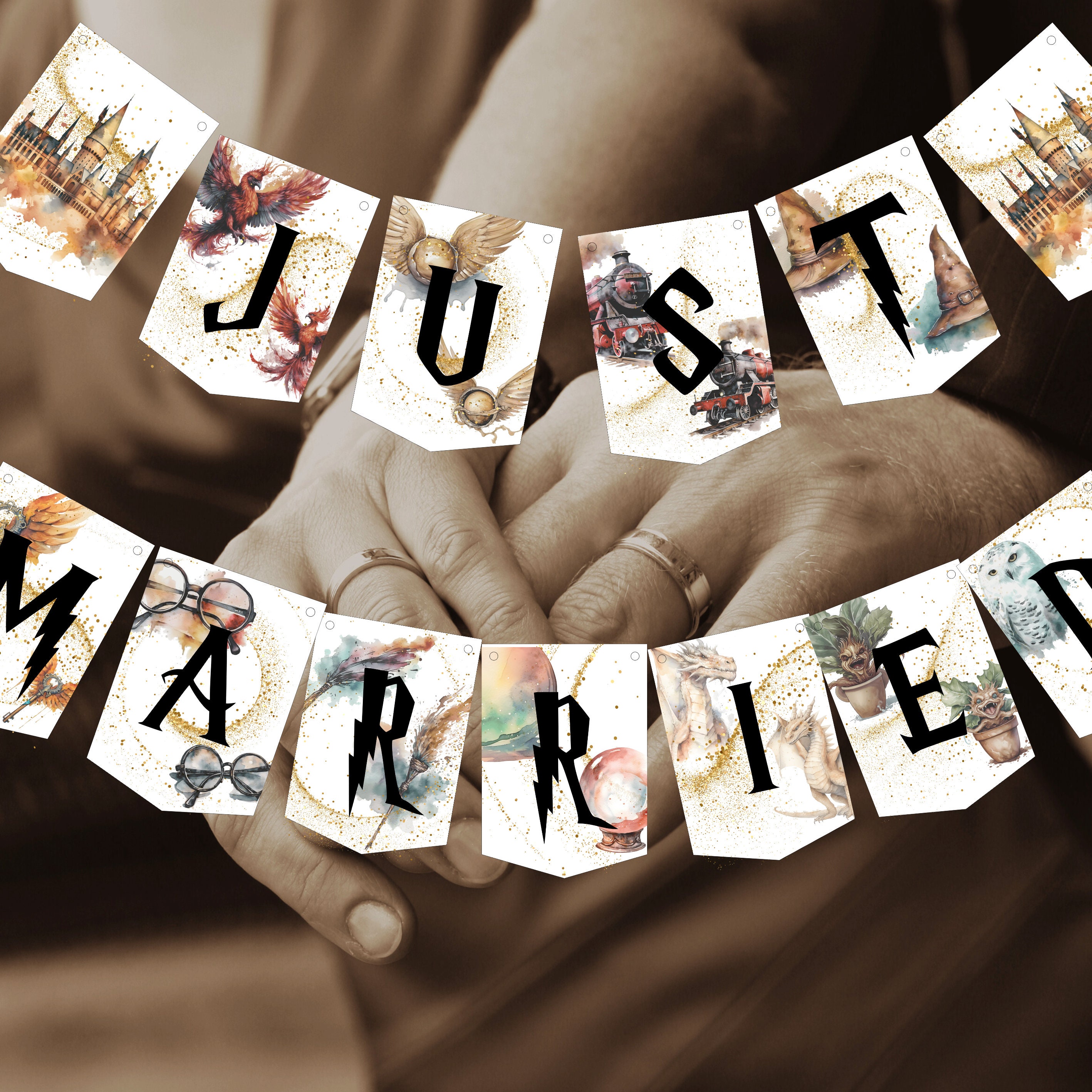 Printable Wizard Garland Wedding, Just Married Pennant, Wedding Banner, Wizard Pennant Chain, Magical Wedding Party Decoration Pennant
