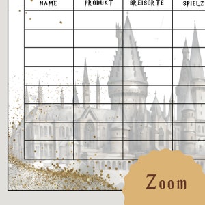 May include: A printable checklist with a watercolor illustration of a castle with a gold glitter background. The checklist has columns labeled "Name", "Product", "Breisorte", and "Spielzeit".