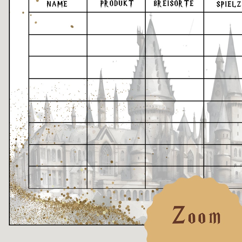 May include: A printable checklist with a watercolor illustration of a castle with a gold glitter background. The checklist has columns labeled "Name", "Product", "Breisorte", and "Spielzeit".