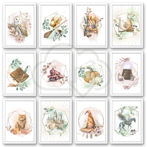 12er-Set Zauberer Bilder, neutrales Design, digitaler Download zum Bedrucken von Postern und Produkten, Kunst Galerie für Zauberschulen-Fans