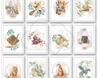 Conjunto de 12 imágenes de magos, diseño neutro, descarga digital para imprimir carteles y productos, galería de arte para fanáticos de la escuela de magia.