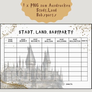 Printable Babyparty Ratespiel im Zauberlook, Zauberer Spiel Babyshower, Stadt Land Fluss für HP Babyparty, Stadt Land Babyparty