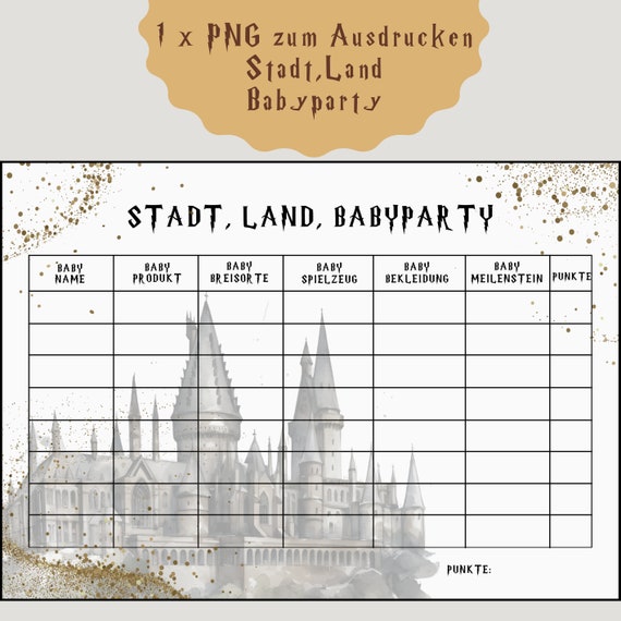 Printable Babyparty Ratespiel im Zauberlook, Zauberer Spiel Babyshower, Stadt Land Fluss für HP Babyparty, Stadt Land Babyparty