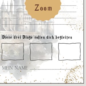 Puede incluir: Un imprimible con tem&aacute;tica blanca y dorada con un fondo de castillo en acuarela. El texto "Zoom" est&aacute; en un &oacute;valo dorado, y el texto "Diese drei Dinge sollen dich begleiten" est&aacute; debajo. La parte inferior de la p&aacute;gina tiene el texto "MEIN NAME".