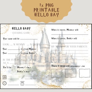 Pu&ograve; includere: Gioco di indovinelli stampabile "Hello Baby" con un'illustrazione ad acquerello del castello di Hogwarts. Il gioco include domande sul nome, l'aspetto e il futuro del bambino.