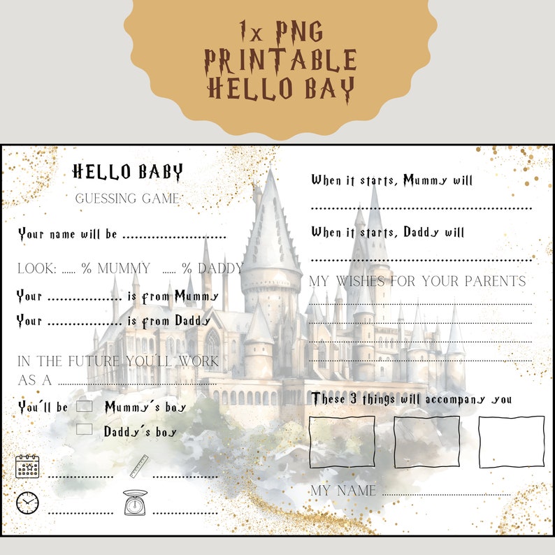 Pu&ograve; includere: Gioco di indovinelli stampabile "Hello Baby" con un'illustrazione ad acquerello del castello di Hogwarts. Il gioco include domande sul nome, l'aspetto e il futuro del bambino.