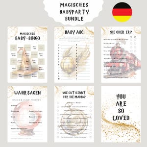 Pacchetto tedesco di giochi di magia per baby shower stampabili, pagine individuali di giochi per baby shower HP, giochi stampabili, Hello Baby