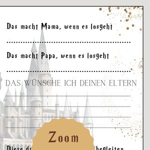 Puede incluir: Una tarjeta crema con texto en alem&aacute;n y una ilustraci&oacute;n de acuarela de un castillo. El texto incluye frases como "Das macht Mama" y "Das macht Papa". Un c&iacute;rculo dorado con la palabra "Zoom" est&aacute; en la parte inferior.