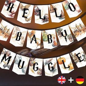 Utskrivbar trollkarlsbabyshowergirlans, babyshowervimplar, trollkarlsbanderoll, Hello Baby Muggle vimpelkedja, magiska babyshowerdekorationsvimplar