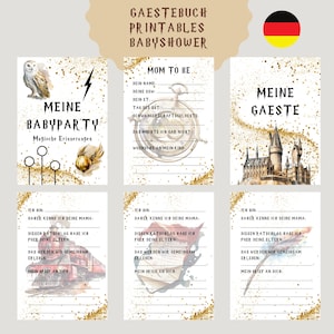 May include: Printable guest book pages for a Harry Potter themed baby shower. The pages feature illustrations of owls, the Golden Snitch, Hogwarts, and a train. The text on the pages includes "My Baby Party", "Magical Memories", "Mom to Be", "My Guests", and "I am..."