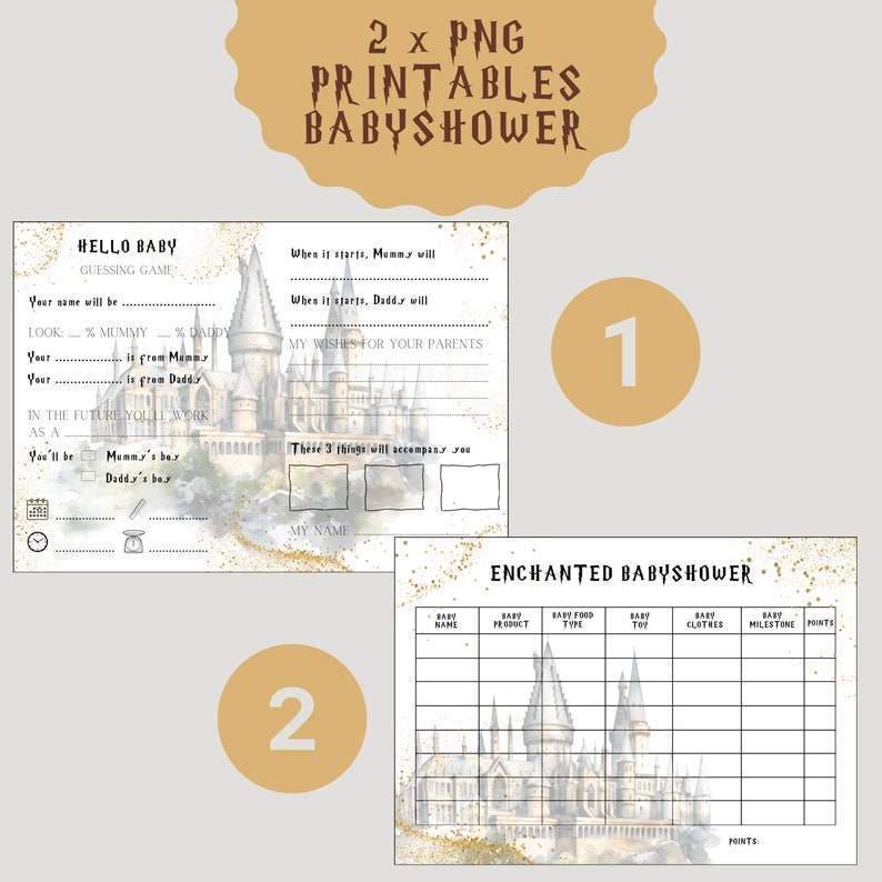 Pu&ograve; includere: Due schede di gioco per baby shower stampabili con un'illustrazione ad acquerello di un castello con accenti di glitter dorati. La prima scheda presenta un gioco di indovinelli "Hello Baby" con domande sul nome, il sesso e il futuro del bambino. La seconda scheda &egrave; una scheda di "Baby Shower Bingo" con categorie per prodotti per bambini, cibo, giocattoli, vestiti, traguardi e punti.